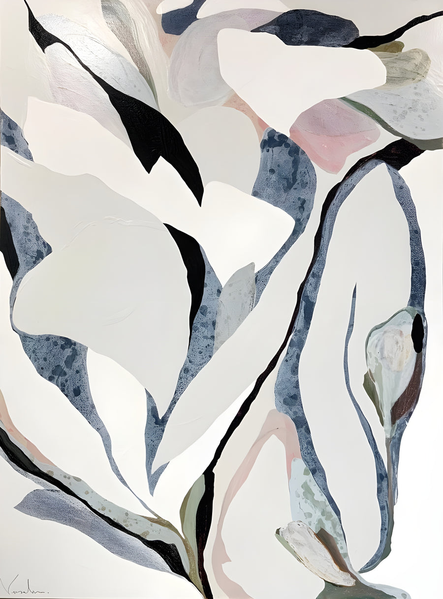 Paper Leaves - collaged leaves in blue, blush and white, edges torn rather than cut, on a metal wall art plate
