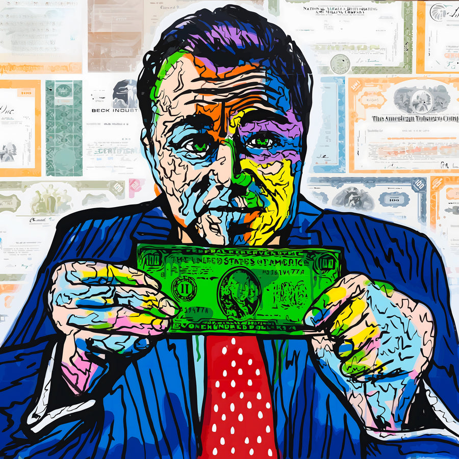 Paper Trail – Pop Portrait - a portrait built from blocks of unmixed colour, the subject holding a banknote across the, on a metal wall art plate