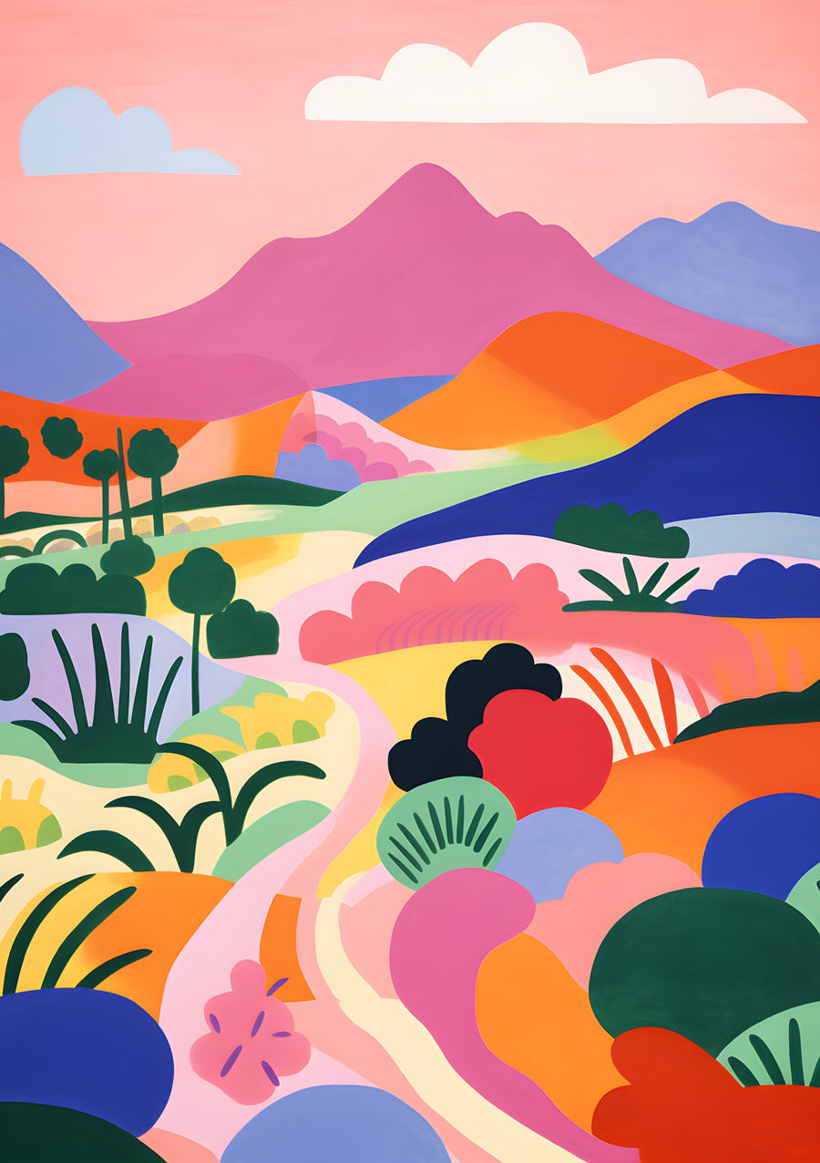 Pastel Valleys - rolling hills, winding paths and distant mountains are simplified into layers of pink, orange, blue and green, on a metal wall art plate
