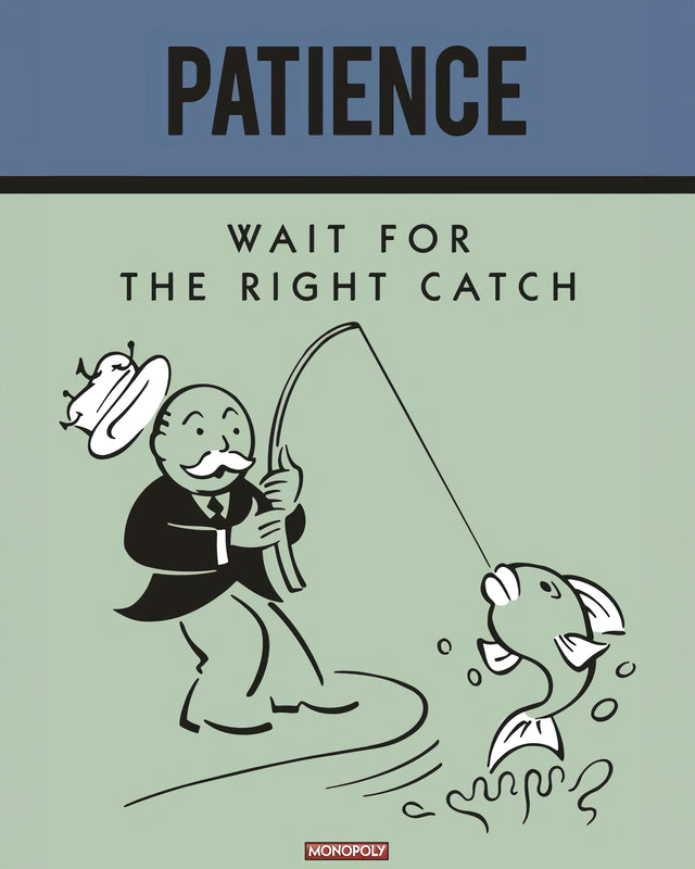 Patience – Wait for the Right Catch - pATIENCE — “Wait for the right catch” — in the style of a vintage board-game card, slate blue, on a metal wall art plate