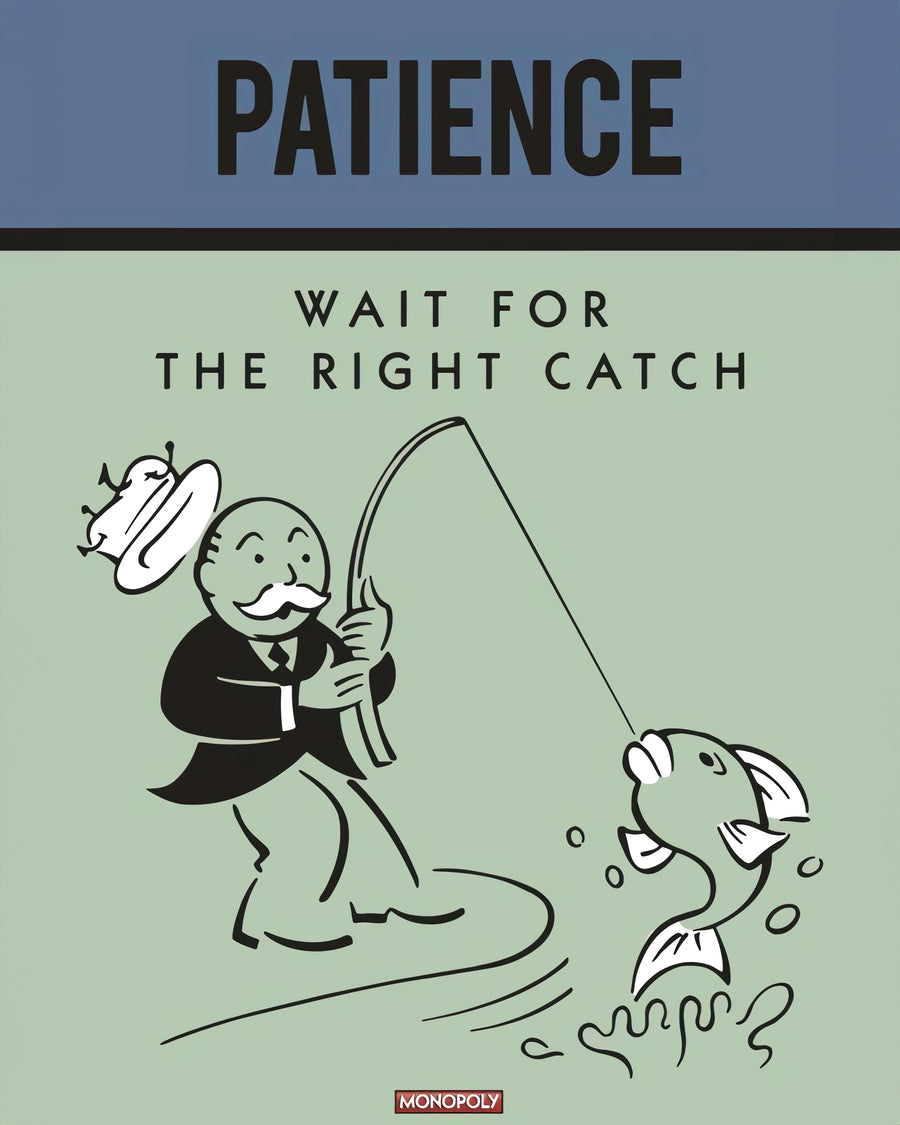 Patience – Wait for the Right Catch - pATIENCE — “Wait for the right catch” — in the style of a vintage board-game card, slate blue, on a metal wall art plate
