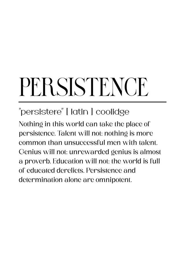 Persistence – Definition - pERSISTENCE, set out as a dictionary entry: "persistere" | latin | coolidge, on a metal wall art plate