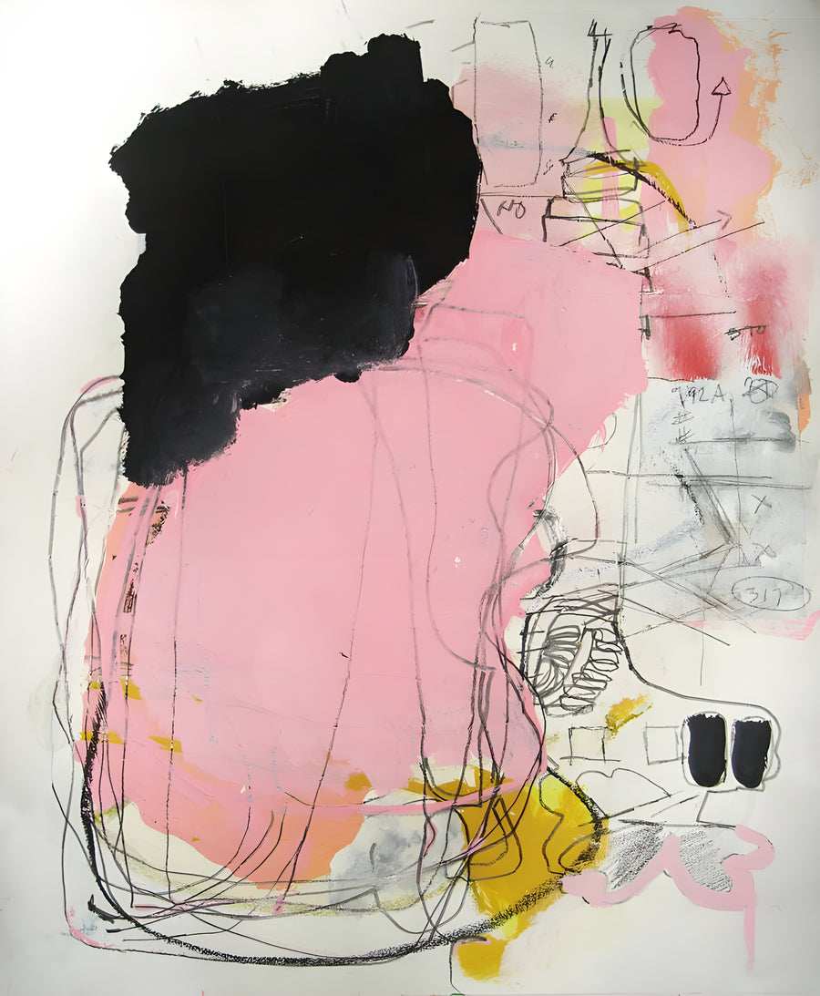 Pink and Black - a black block over a pink field, sketch marks and numbers left showing underneath, on a metal wall art plate