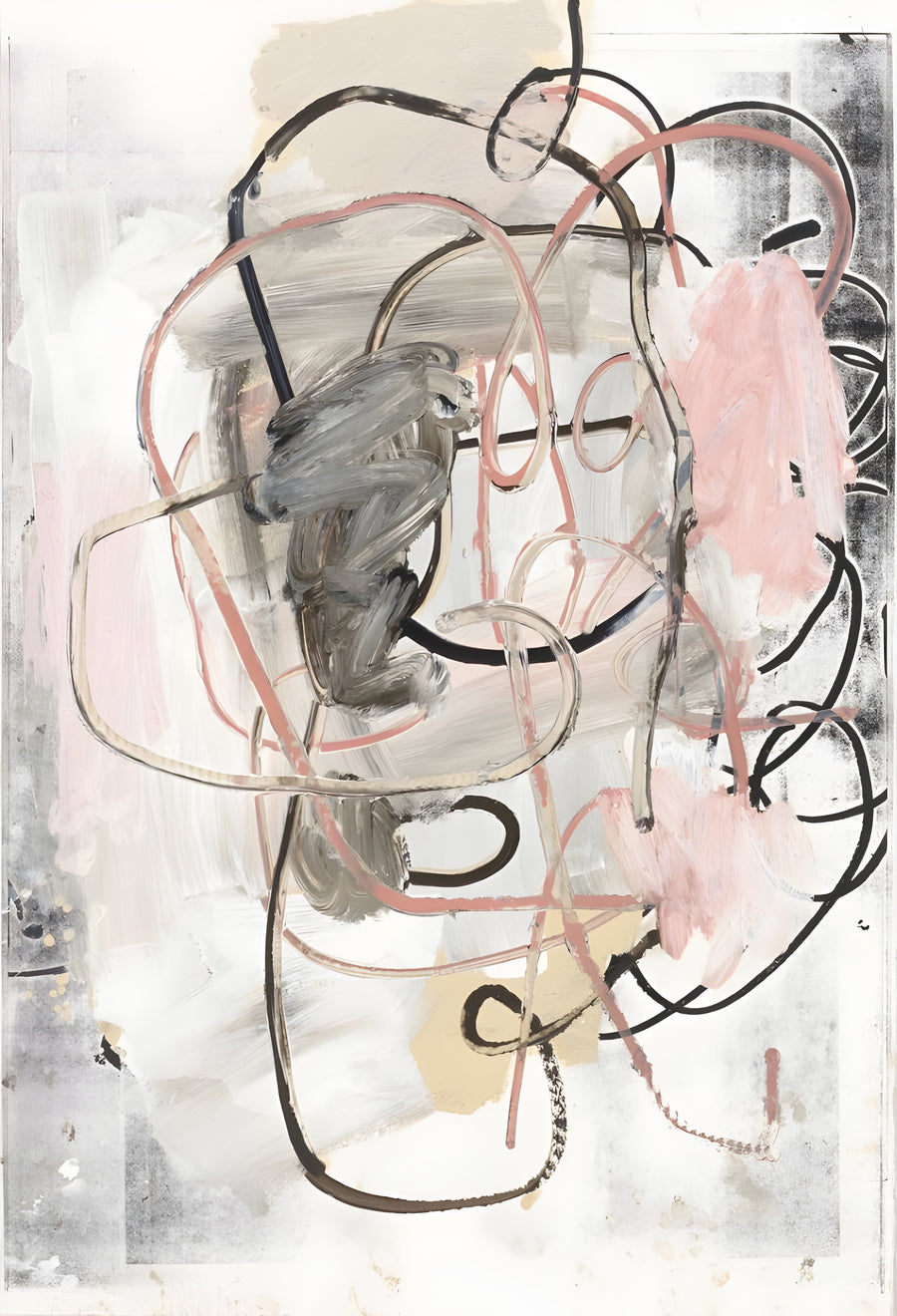 Pink Loops - looping lines in dusty pink and graphite over a collaged ground, on a metal wall art plate