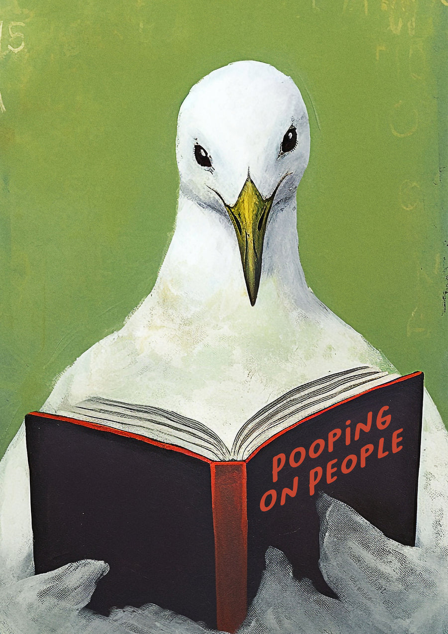 Pooping on People - a seagull deep in a hardback called Pooping on People, po-faced about it, on a metal wall art plate