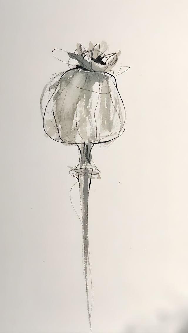 Poppy Head - a single poppy seed head in grey wash on a long thin stem, on a metal wall art plate