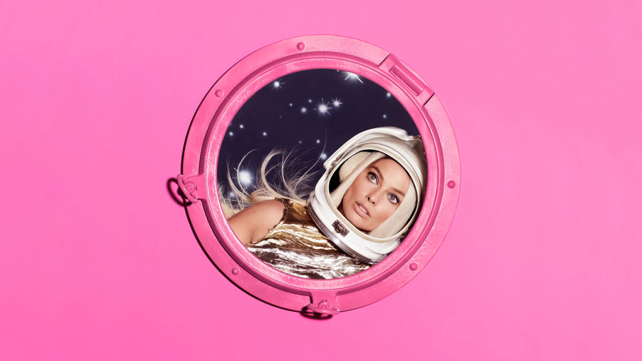 Porthole - a face looking out through a pink porthole into the dark, on a metal wall art plate