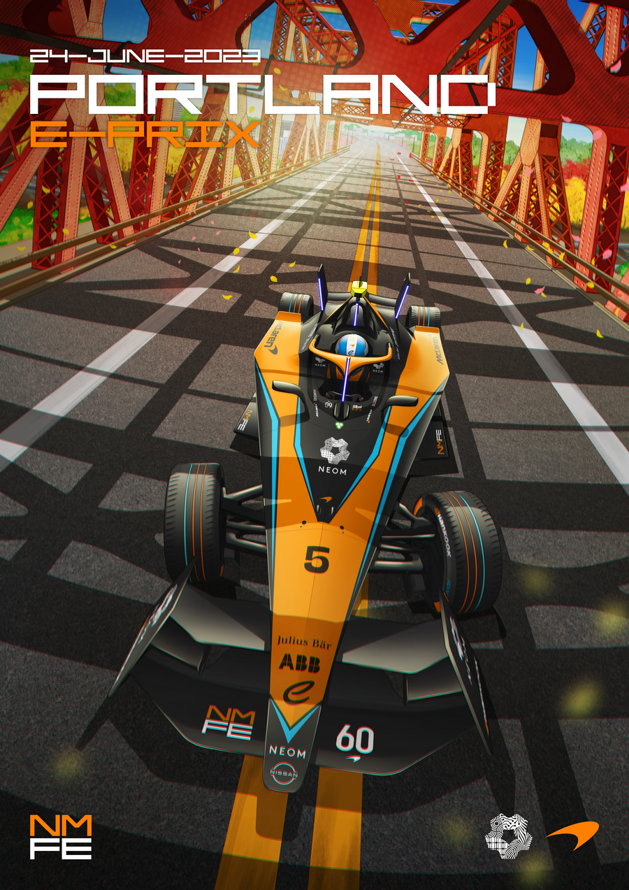 Portland E-Prix 2023 – Race Poster - an illustrated race poster for the Portland E-Prix 2023 — drawn in the graphic, flat-colour, on a metal wall art plate