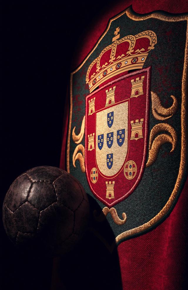 Portugal's red and green sit on rich embroidered fabric beside a worn leather ball, lit from one side