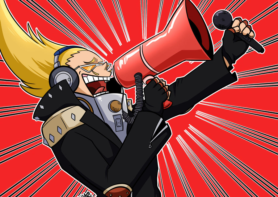 Present Mic – Megaphone - present Mic yelling into his megaphone against flat red, on a metal wall art plate