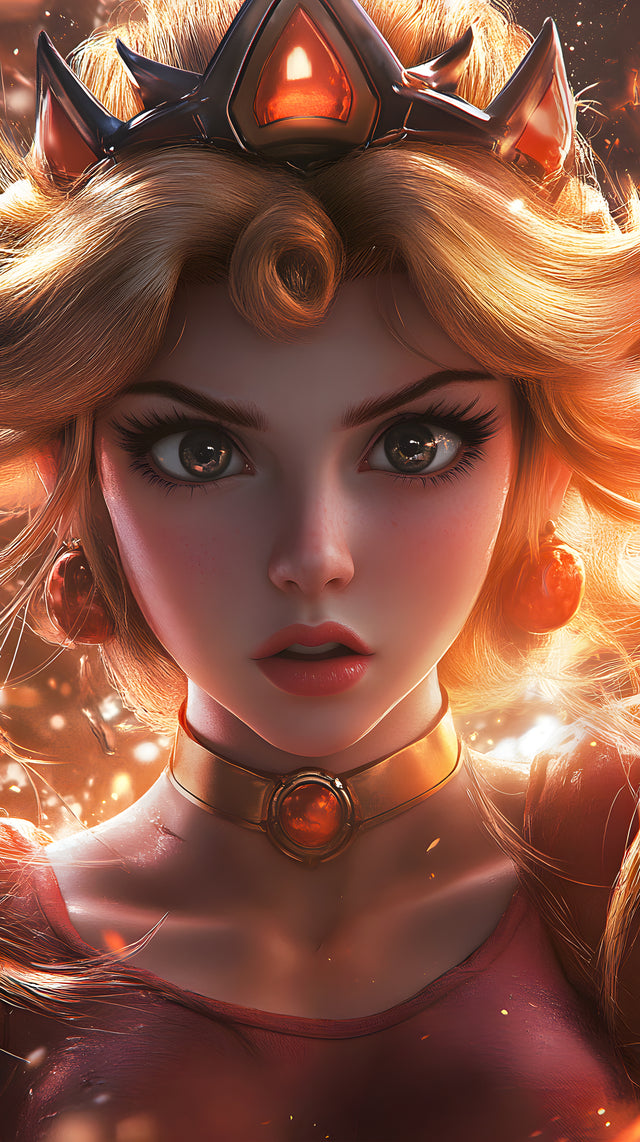 Princess Peach lit by embers, the crown and jewels burning amber against her gold hair