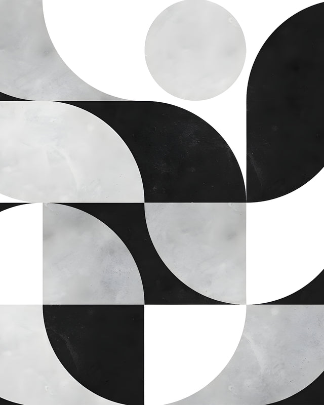 Quarter Circles - black, white and grey circles and quarter-circles interlocking across a painted ground, on a metal wall art plate