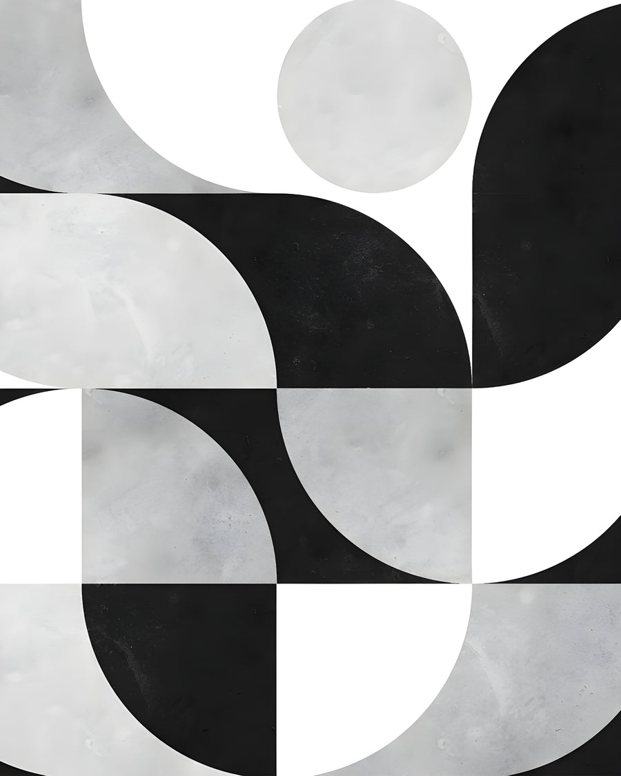 Quarter Circles - black, white and grey circles and quarter-circles interlocking across a painted ground, on a metal wall art plate