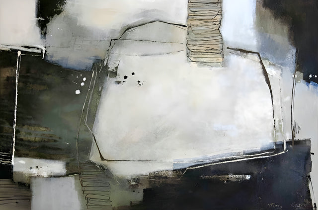Quiet Abstract - a muted abstract in stone and olive with one pale block holding the middle, on a metal wall art plate