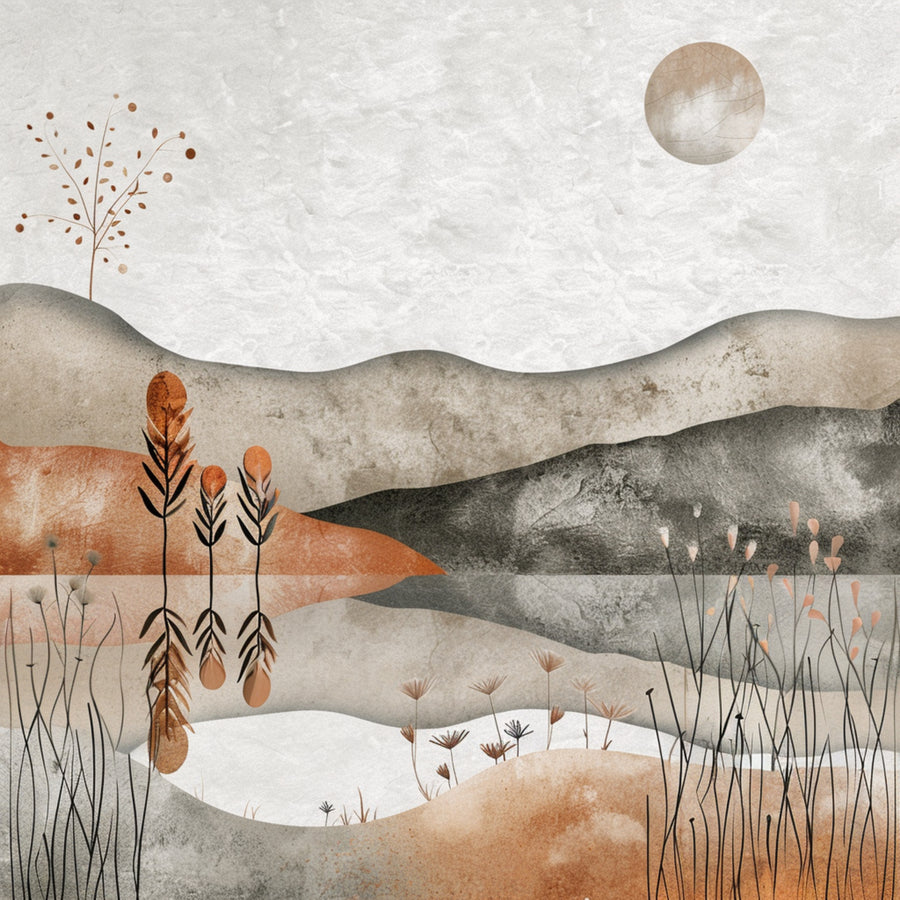 Quiet Earth - soft neutral hills, delicate wild plants and a muted moon create a peaceful textured landscape in stone, cream and warm earth tones