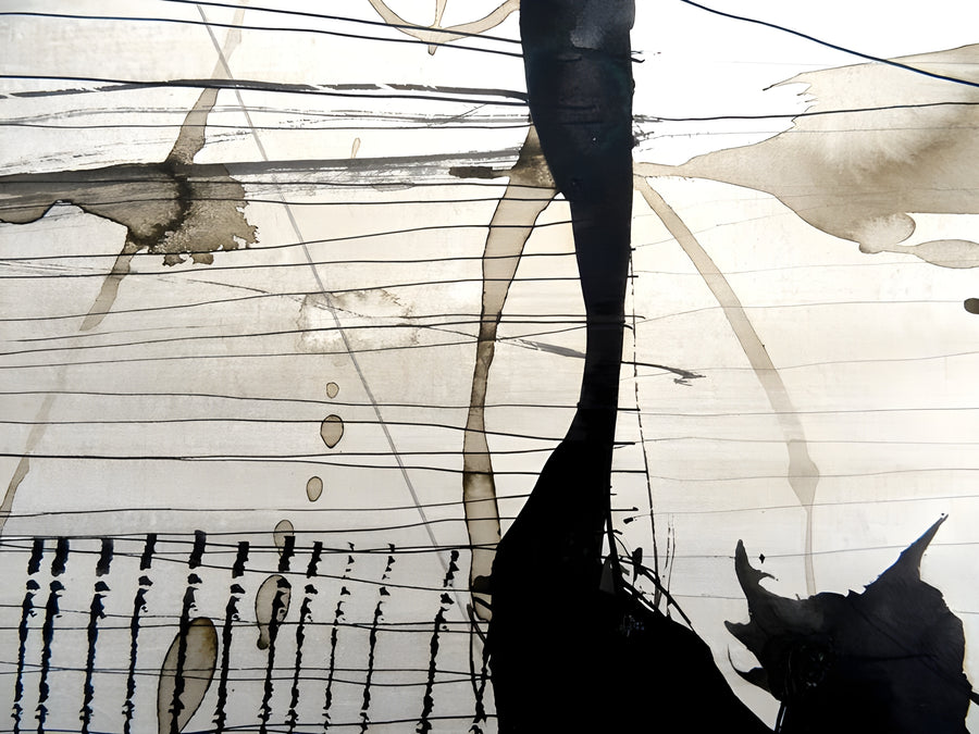 Railings - layered washes and drawn railings with a dark figure standing against them, on a metal wall art plate