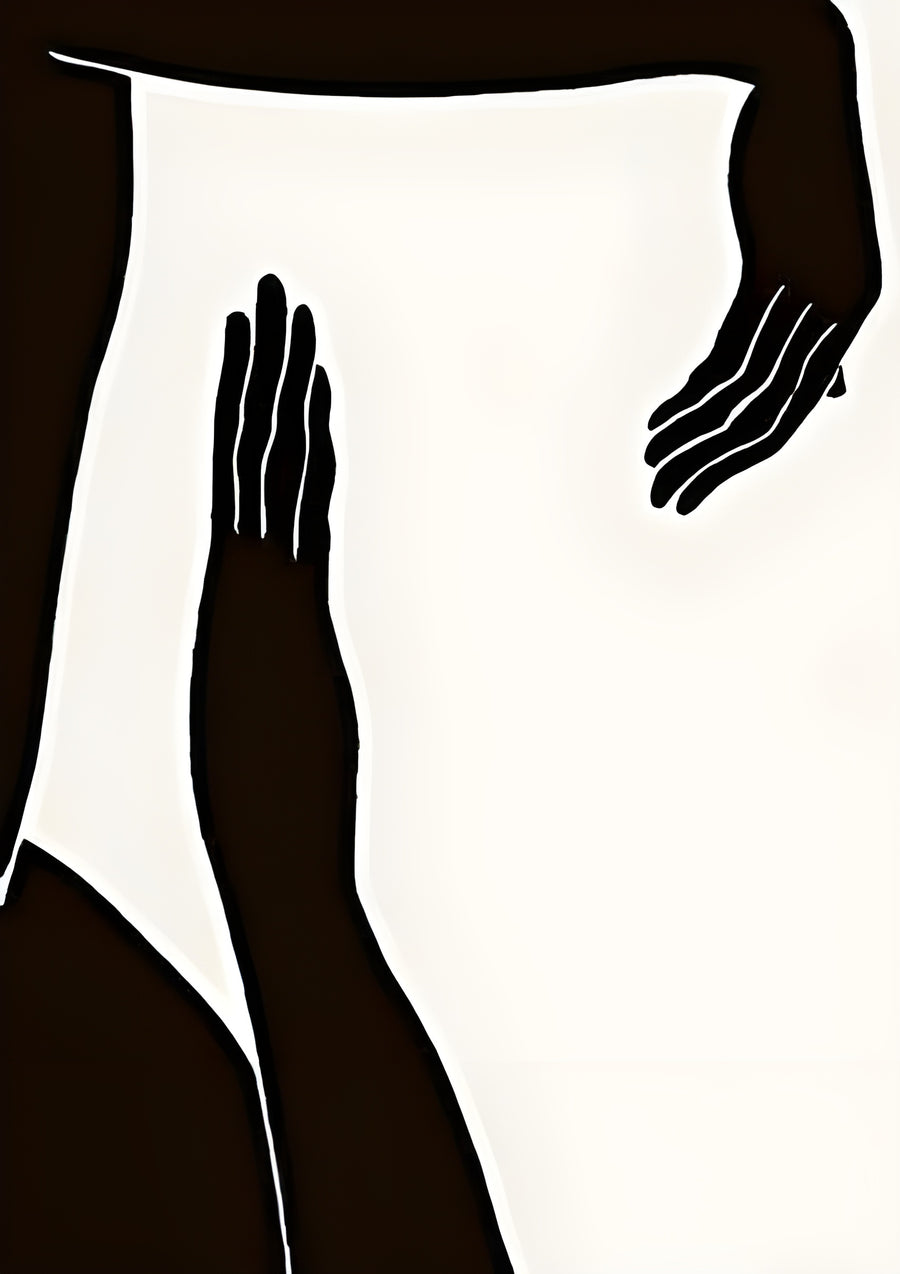 Reaching - a dark figure against a cream panel, hands reaching across the join, on a metal wall art plate