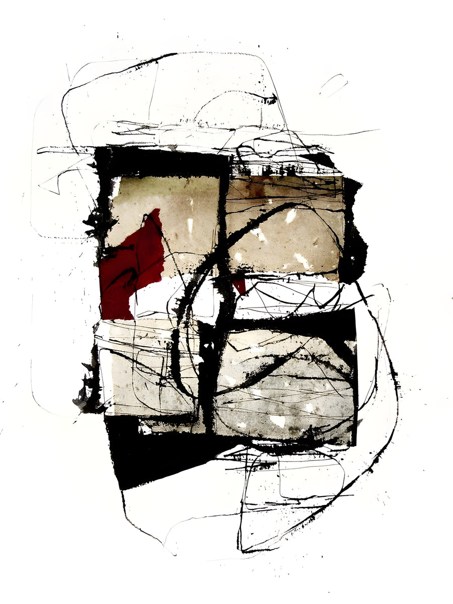Red Accent - a collage of framed blocks in black and stone with one red patch showing through, on a metal wall art plate
