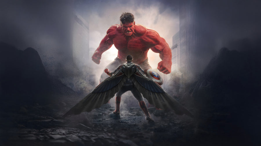 Red Hulk – Standoff - a red giant rising out of the mist behind a caped silhouette, on a metal wall art plate
