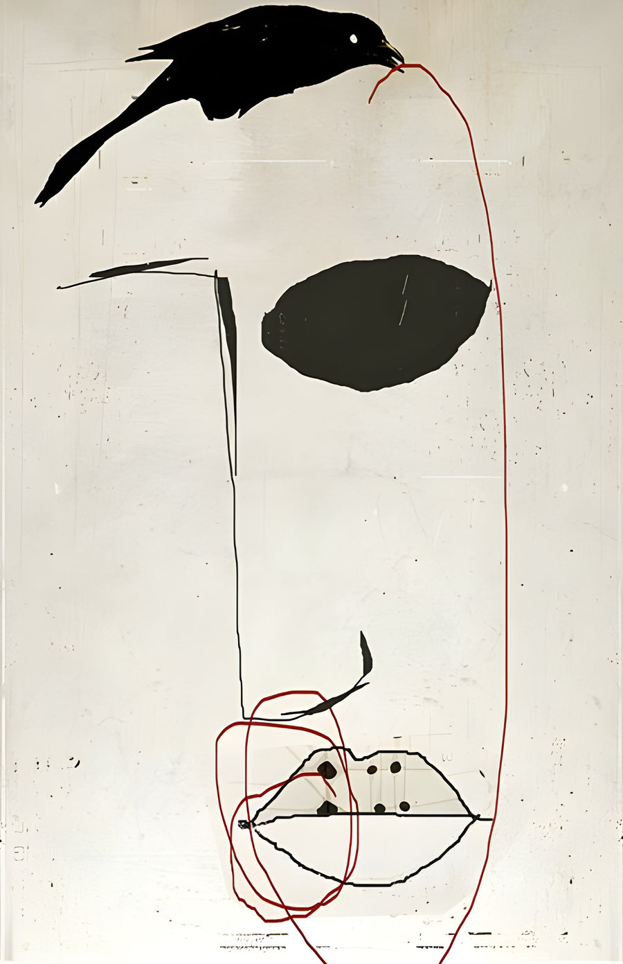Red Thread - a collaged face in soft greys with a single red line looping through it and a black bird, on a metal wall art plate