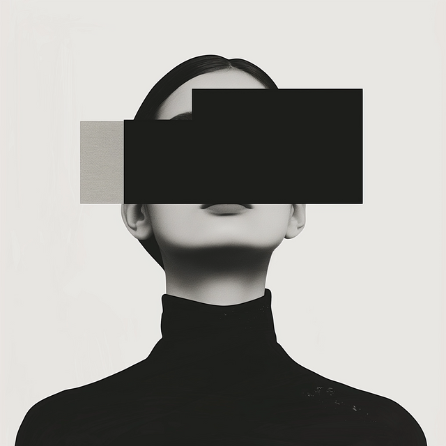 Redacted - a high-contrast portrait with a black bar across the eyes and a black polo neck swallowing the, on a metal wall art plate