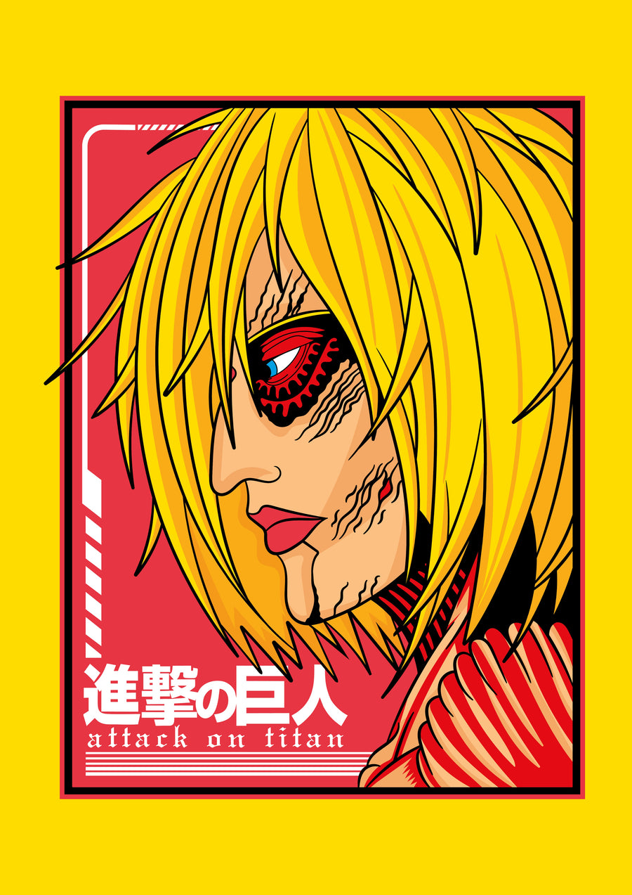 Reiner Braun – In Red - a pop-art panel in yellow and red, the Survey Corps crest behind, on a metal wall art plate