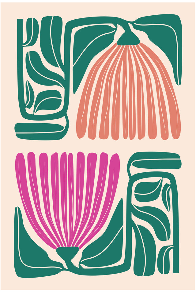 Retro Botanical Blocks - oversized coral and magenta blooms sit among deep green geometric leaves in a playful block-style composition