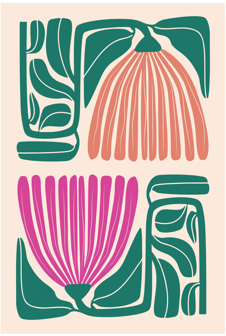 Retro Botanical Blocks - oversized coral and magenta blooms sit among deep green geometric leaves in a playful block-style composition