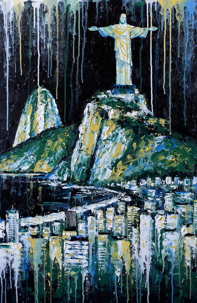 Christ the Redeemer and Sugarloaf Mountain are laid down in thick palette-knife strokes of green, yellow and blue