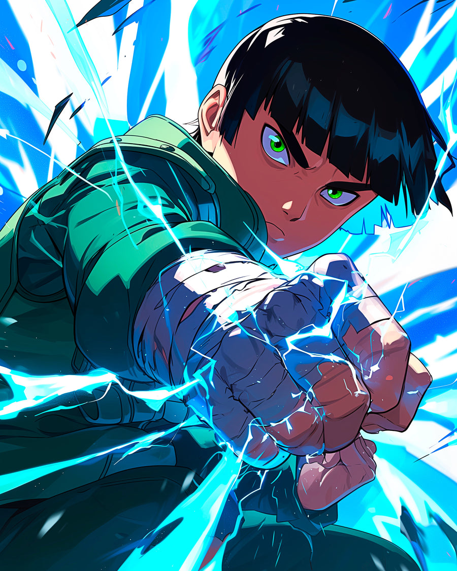Rock Lee – Chakra - rock Lee driving a fist forward inside a burst of blue chakra, on a metal wall art plate