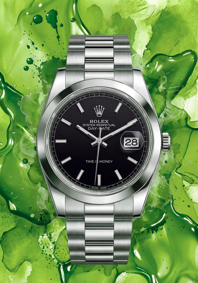 Rolex Day-Date – Emerald Ink - a steel Day-Date on a wash of emerald alcohol ink, the black dial cutting cleanly out of all, on a metal wall art plate