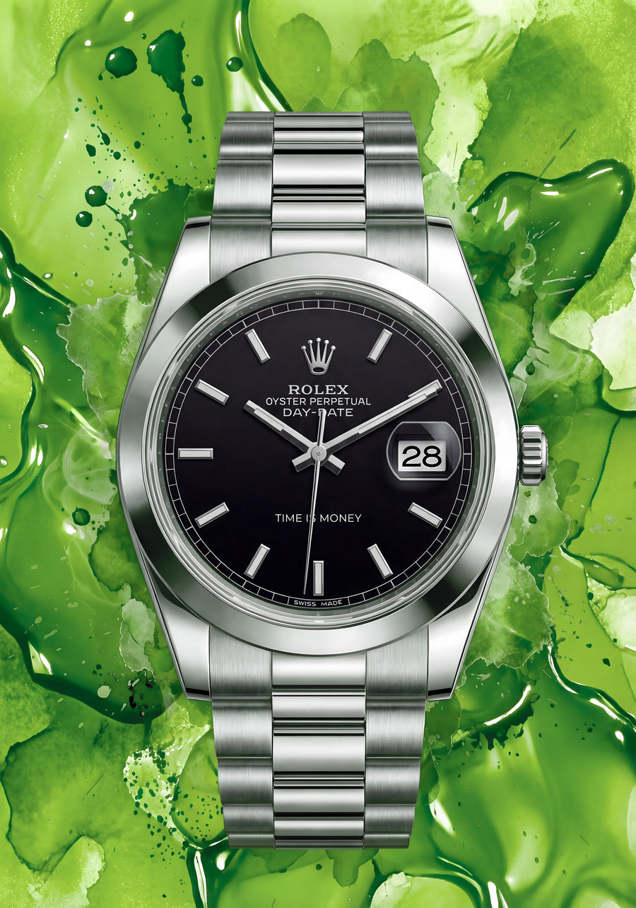 Rolex Day-Date – Emerald Ink - a steel Day-Date on a wash of emerald alcohol ink, the black dial cutting cleanly out of all, on a metal wall art plate