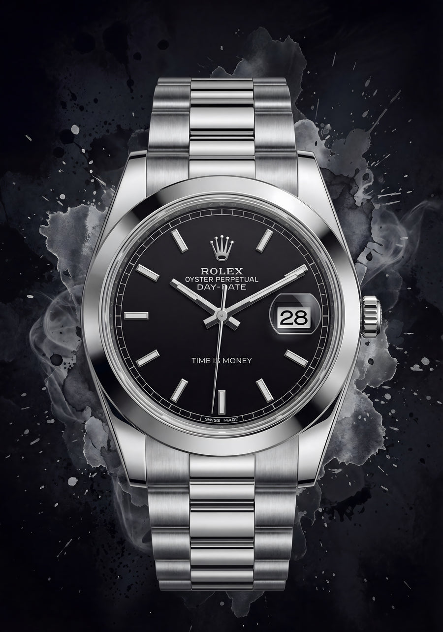 Rolex Day-Date – Smoke Black - a steel Day-Date emerging from black smoke and ink splatter, lit so the case edges catch and, on a metal wall art plate