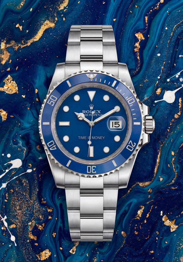 Rolex Submariner – Blue Marble - a blue-dial Submariner laid over deep blue and gold marbled ink, the bezel colour picked, on a metal wall art plate
