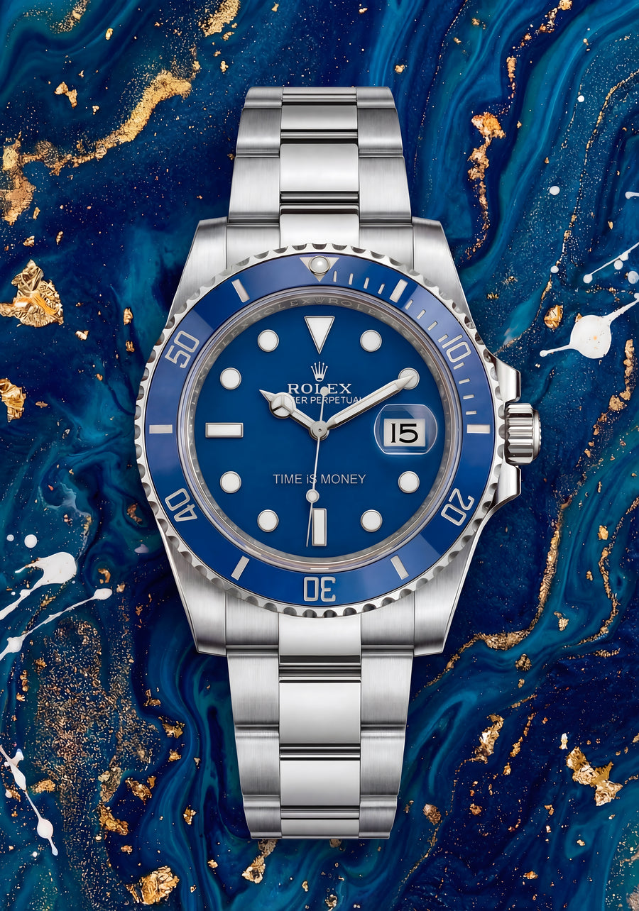 Rolex Submariner – Blue Marble - a blue-dial Submariner laid over deep blue and gold marbled ink, the bezel colour picked, on a metal wall art plate