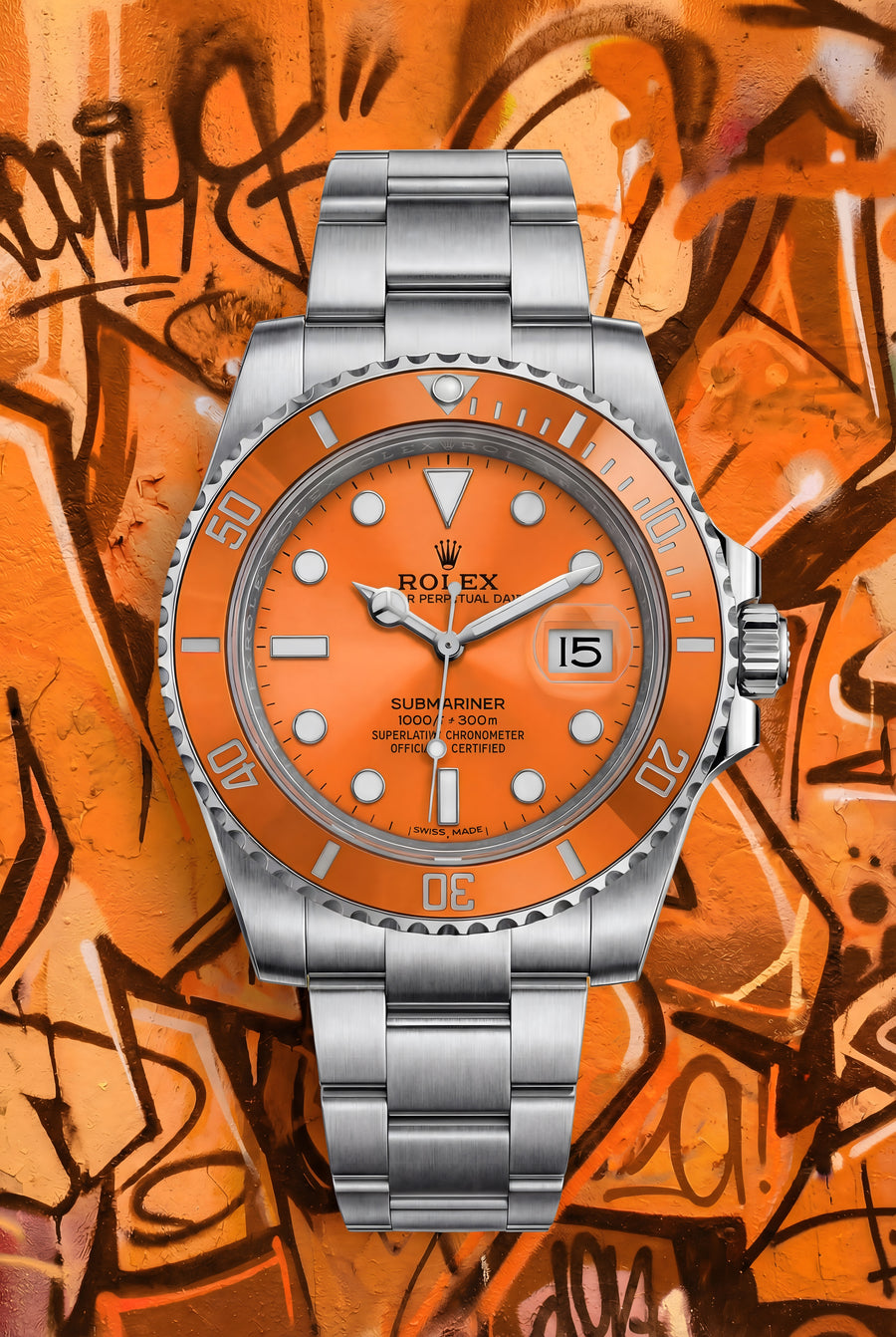Rolex Submariner – Graffiti Orange - an orange-dial Submariner against burnt orange graffiti, the whole frame running warm, on a metal wall art plate