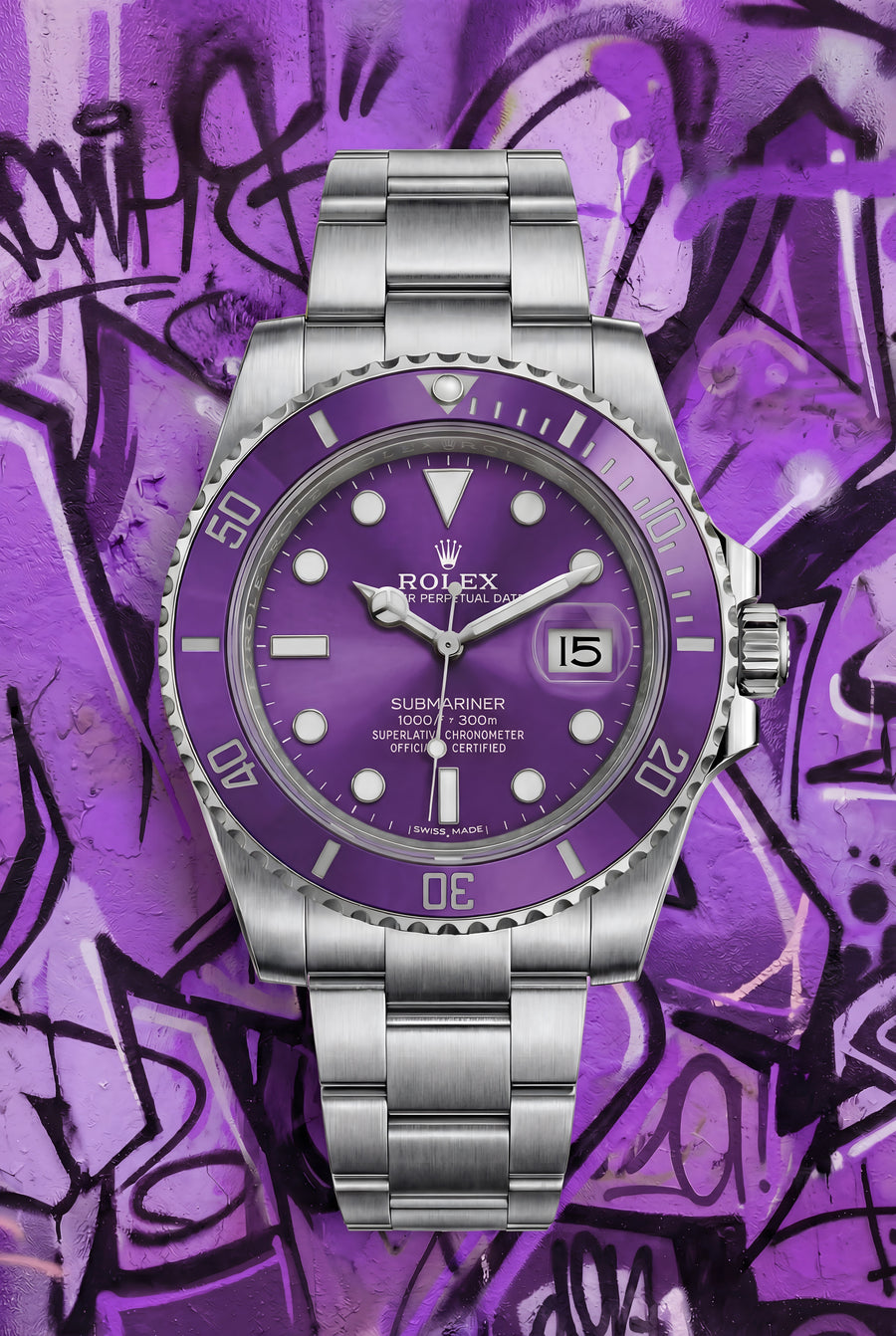 Rolex Submariner – Graffiti Purple - a purple-dial Submariner on violet spray work, the bezel matched to the wall behind it, on a metal wall art plate