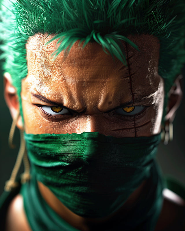 Roronoa Zoro – In Green - zoro close up in his green bandana, painted almost photoreal, on a metal wall art plate
