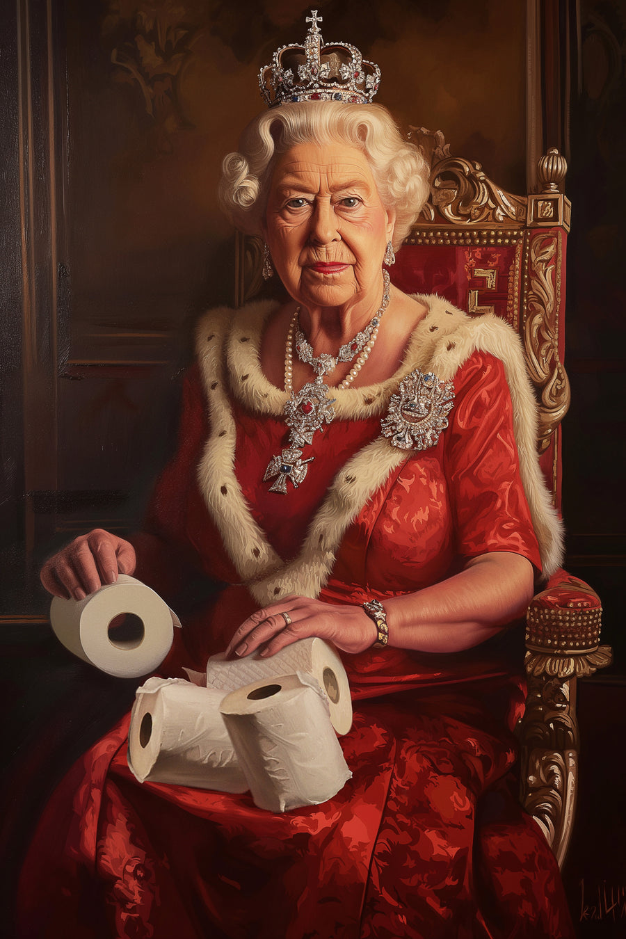 Royal Reserves - a state portrait, robes and crown, with the sitter holding toilet rolls, on a metal wall art plate