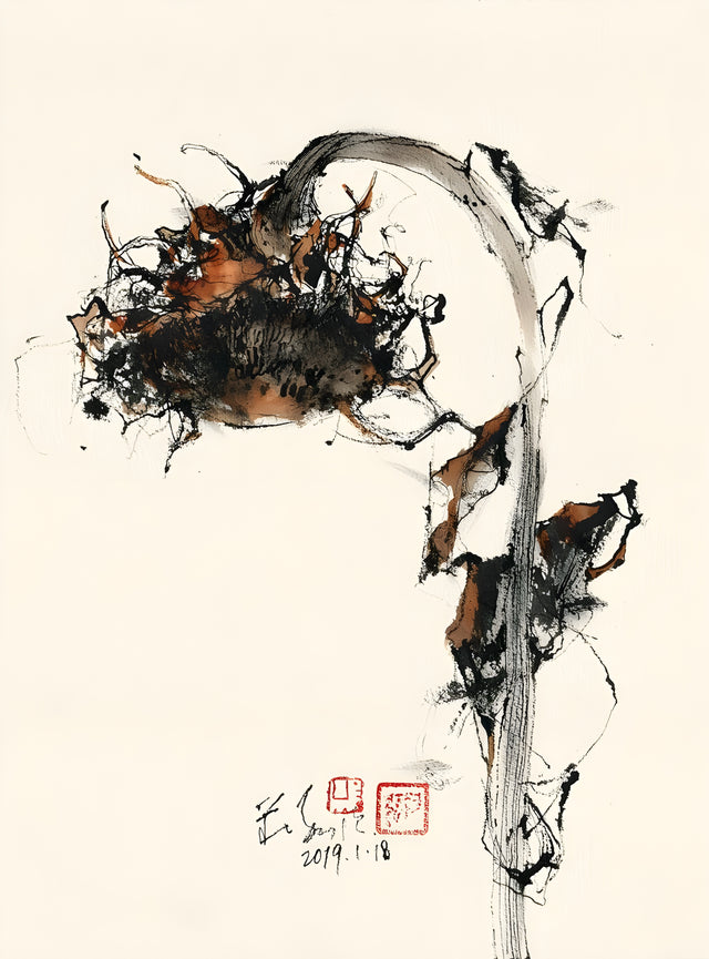 Rust Ink - ink and rust worked into a form somewhere between tree and rock, with red seals at the foot, on a metal wall art plate