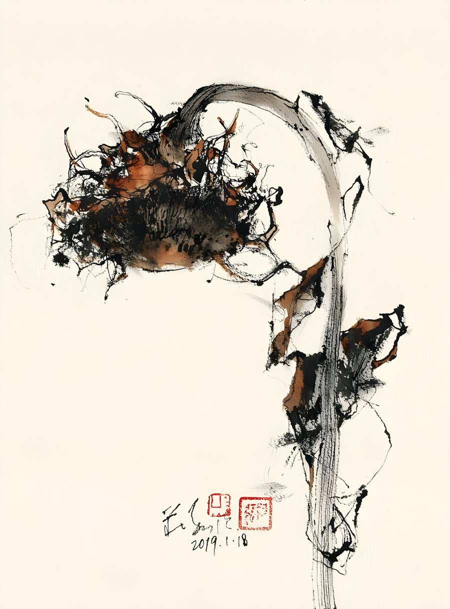 Rust Ink - ink and rust worked into a form somewhere between tree and rock, with red seals at the foot, on a metal wall art plate