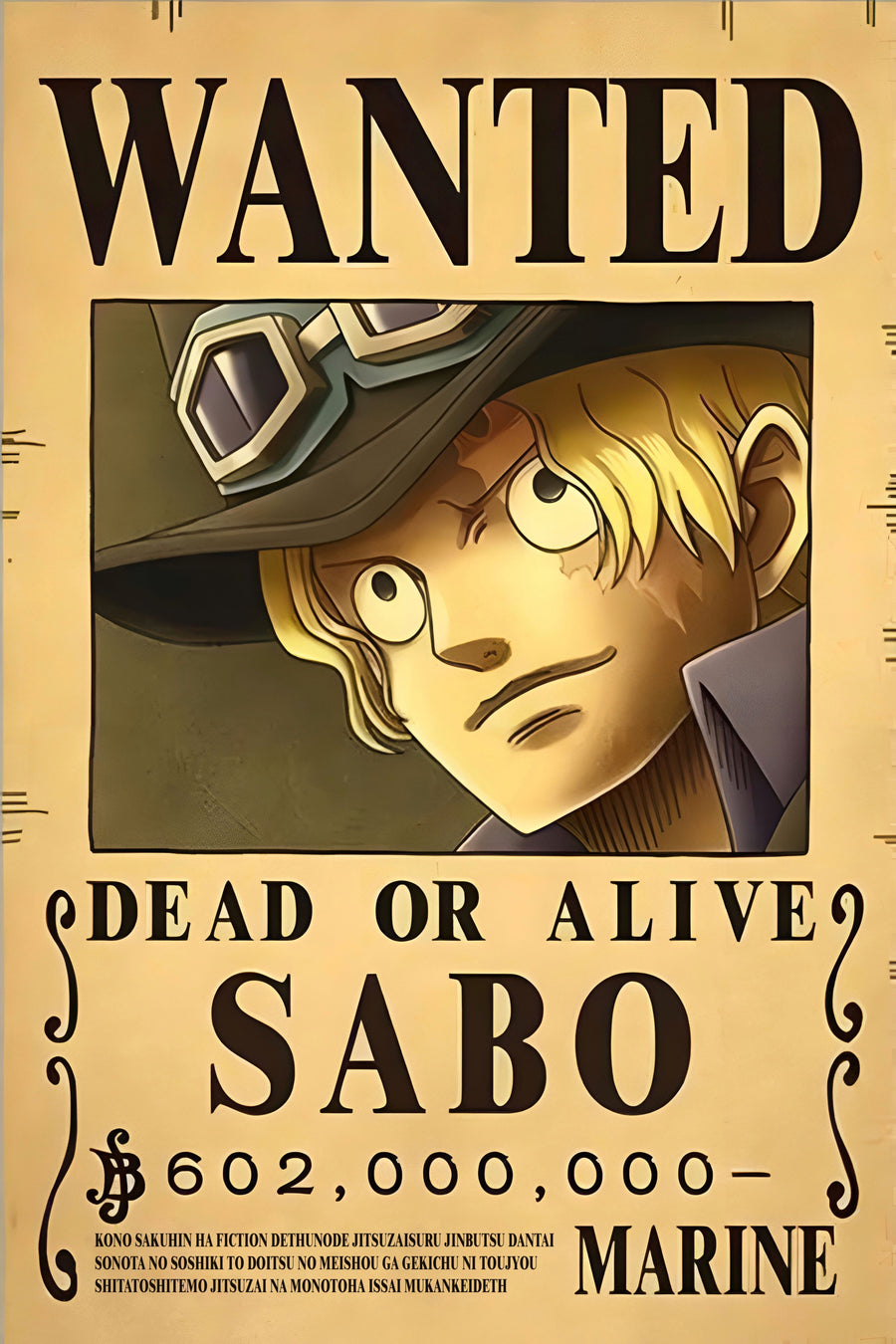 Sabo – Bounty Poster - a bounty poster for Sabo, 602,000,000 berries, dead or alive, on a metal wall art plate
