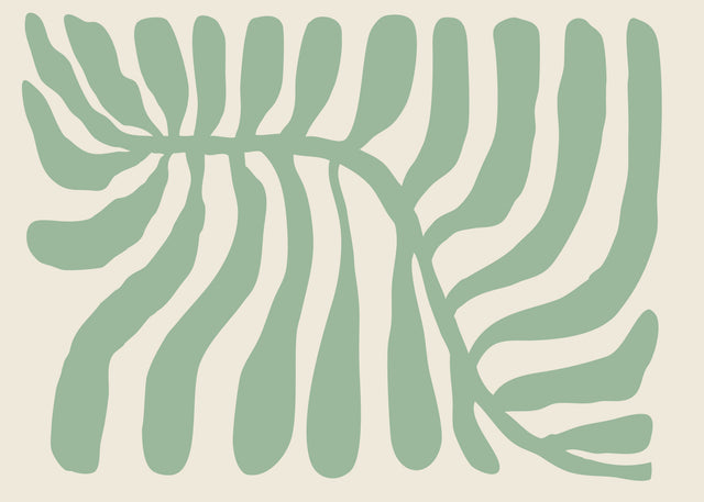 Sage Botanical Lines - a soft sage botanical form stretches across a warm neutral background in an oversized graphic composition, on a metal wall art plate
