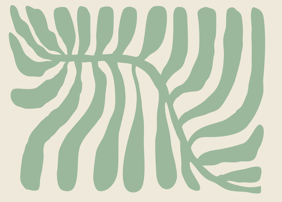 Sage Botanical Lines - a soft sage botanical form stretches across a warm neutral background in an oversized graphic composition, on a metal wall art plate