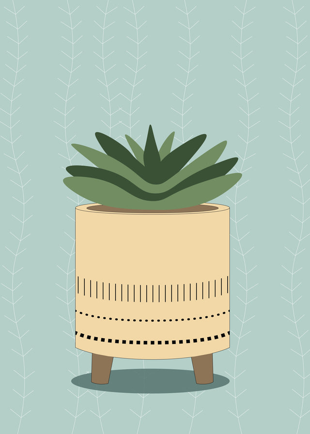 Sage Planter - a stylised green succulent sits in a warm cream planter against a soft sage-blue patterned background, on a metal wall art plate