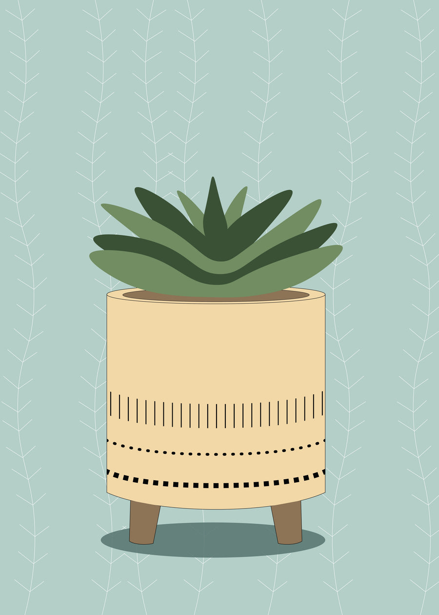 Sage Planter - a stylised green succulent sits in a warm cream planter against a soft sage-blue patterned background, on a metal wall art plate