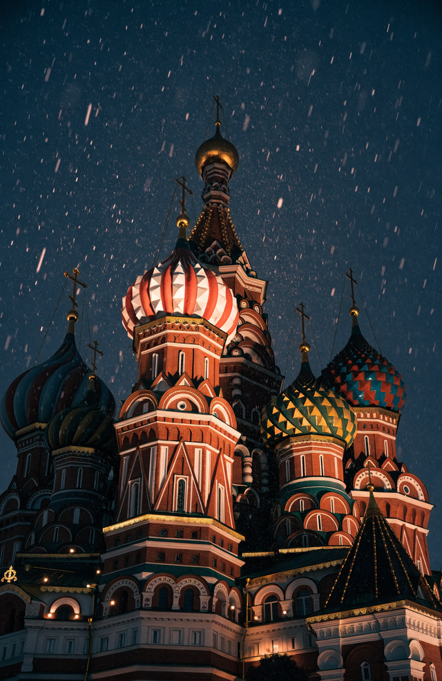 The onion domes of Saint Basil's Cathedral glow above Red Square as snow falls through the lamplight