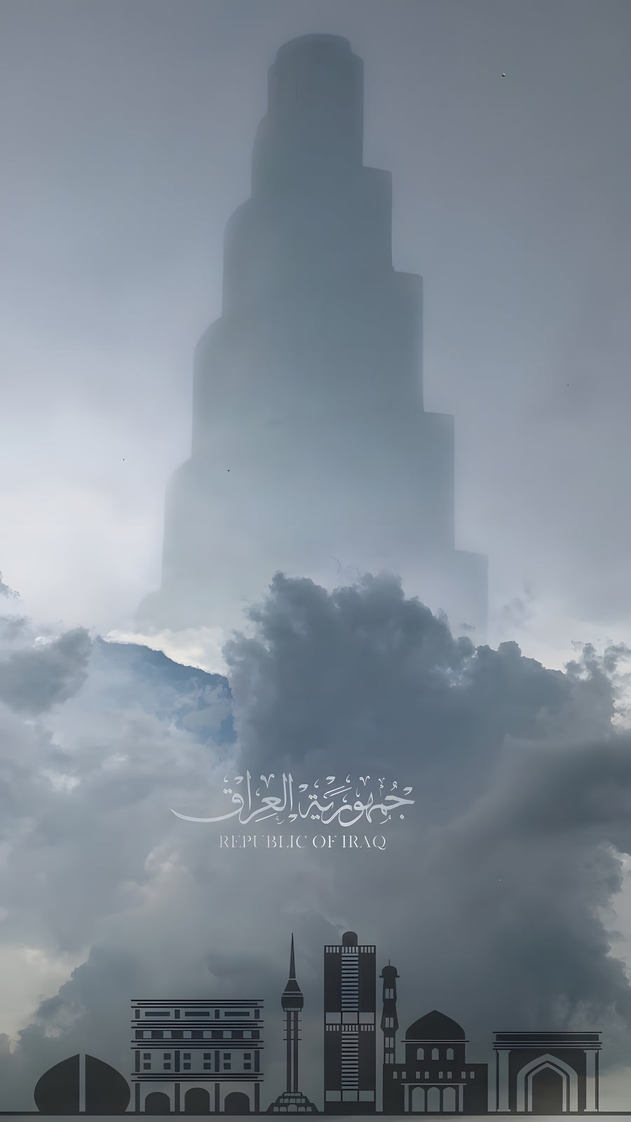 The spiral minaret of Samarra rises out of a bank of storm cloud, the Baghdad skyline drawn in silhouette beneath it