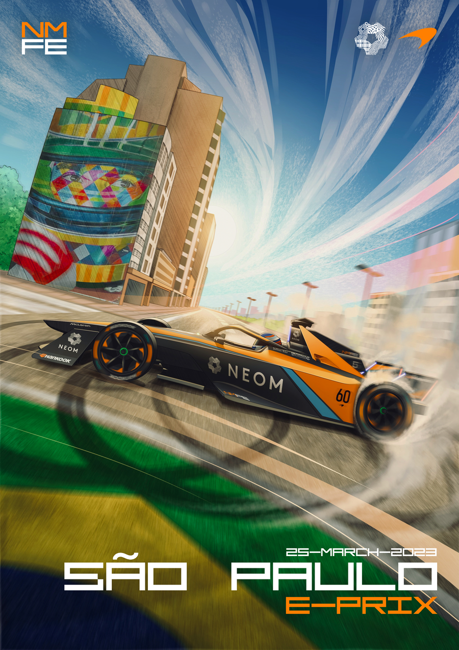 São Paulo E-Prix 2023 – Race Poster - an illustrated race poster for the Sao Paulo E-Prix 2023 — drawn in the graphic, flat-colour, on a metal wall art plate