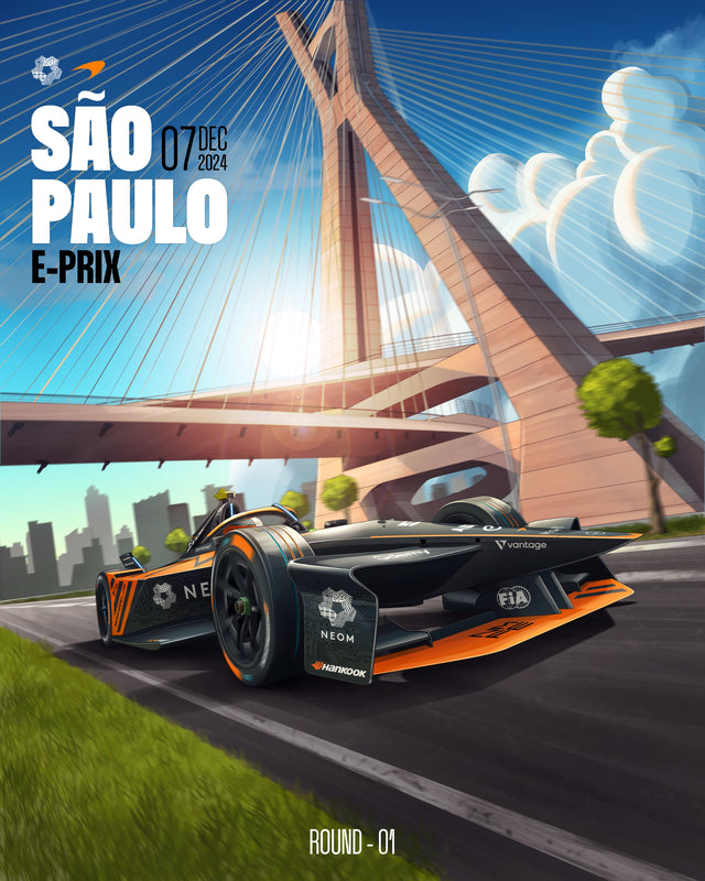 São Paulo E-Prix 2024 – Race Poster - an illustrated race poster for the Sao Paulo E-Prix 2024 — drawn in the graphic, flat-colour, on a metal wall art plate
